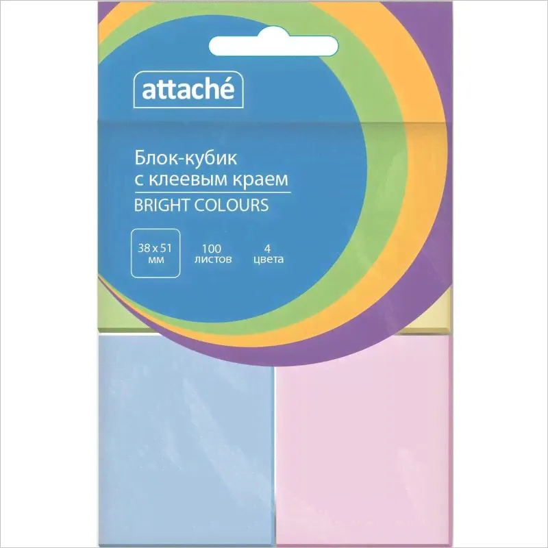 Бумага для заметок с липким слоем 38х51, 4 блока по 100л, пастельные, Attache Bright colours